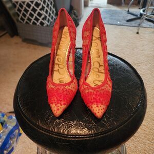 Sam Edelman Hazel Red Pointed-Toe Stiletto Suede & Velvet-Spotted Tulle Mesh 6M